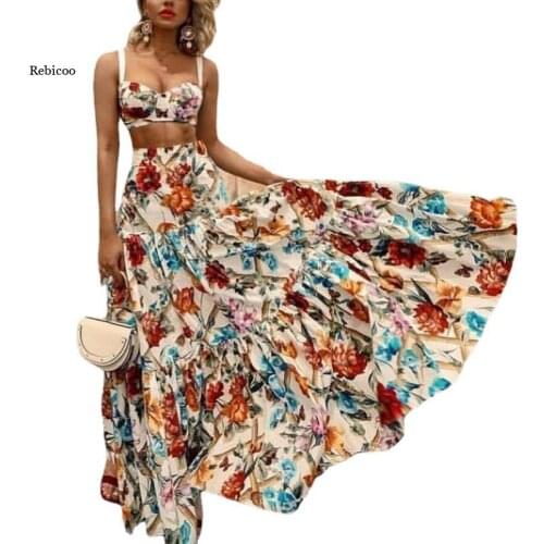 Sexy Women Two Piece Set Elegant Sleeveless Wrap Tops and Long Skirt Summer Vintage Floral Printed Office Lady Chic Skirt Outfit