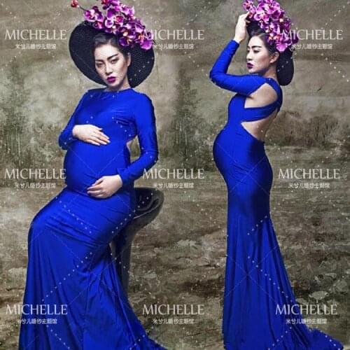 Blue Pregnant Photography Props Elastic Backless Maternity Trailing Dress Photo Shoot Baby Shower Gift Studio Clothing Size L