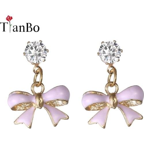 TianBo Cute/Romantic Bowknot Earrings Crystal Blue Bow Tie Stud Earring Lovely Jewelry Women Gift