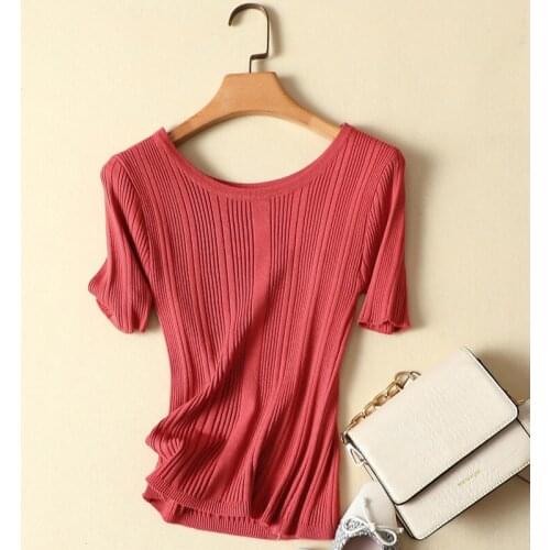 Knitted Women T-Shirts 2021 Summer New O-Neck Short-Sleeved Solid Office Lady Elegant O-Neck Pulls Tops Tees Top Quality