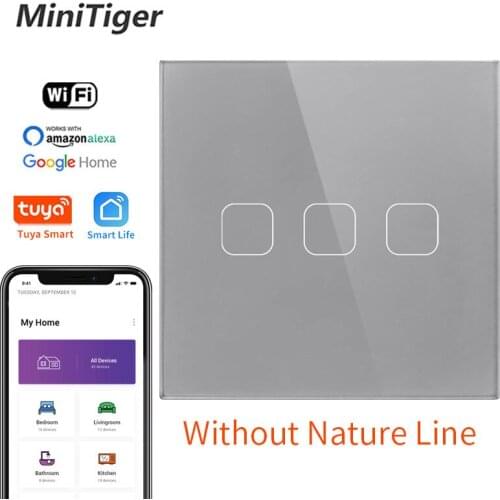 Minitiger 3 Gang EU&UK Universal Smart Home Phone Glass Panel Tuya Control Wireless Work with Alexa,Google Home Single Fire Line