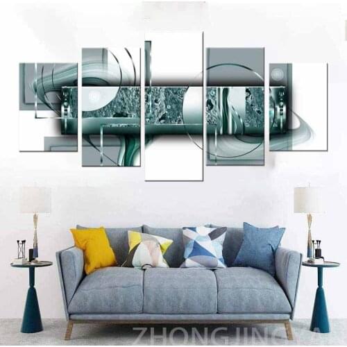 Green Abstract Canvas Print Painting Home Decor 5 Panels Turquoise Wall Art Picture for Living Room Office Decorations Ready to