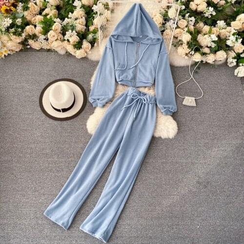 ALPHALMODA 2020 Trendy Hooded Zipper Sweatshirt + High Waist Loose Casual Pants Women Solid 2pcs Sweat Sets Lounge Wear