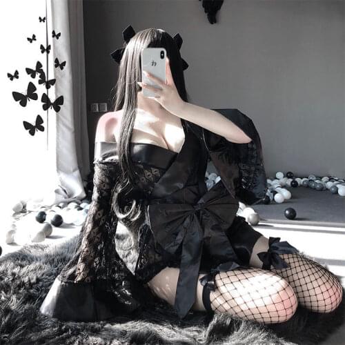 Women Sexy Clothing Kimono Dress Japanese Style Erotic Costumes Robe Hollow Out Role Play Black Lingerie Set Cosplay Uniform