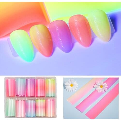 10Rolls Gradient Neon Nail Art Foil Stickers Fluorescence Starry Sky Transfer Foil Tips For Nail Art Decoration (4x100cm/roll)