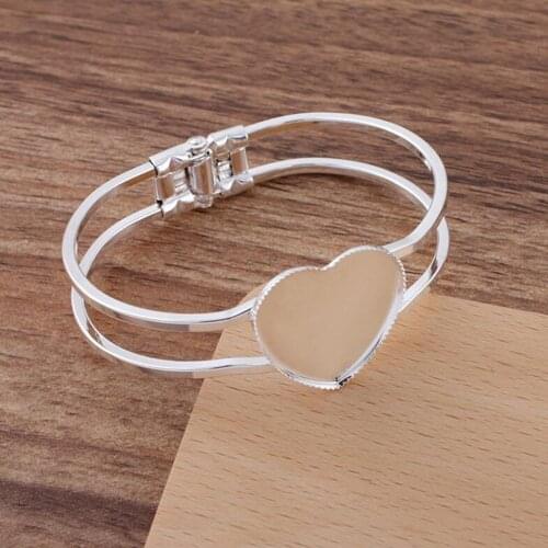 20pcs Silver Plated 25mm Heart Tray Bangle Base Bracelet Blanks Bezel Brass Cuff Bracelet Setting Cabochon Cameo