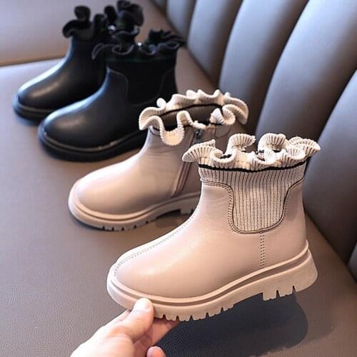 2021 Flower Girls Winter Boots Plush Children Boots Boys Girls Martin Shoes Fashion Brand Soft Leather Warm Kids Boots