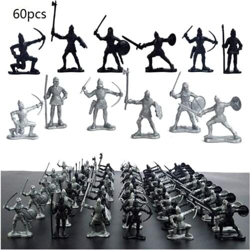 60 pcs/lot Sliver Black Warriors Medieval Soldiers Military Figures Toy Archaic Soldiers Middle Ages Knights