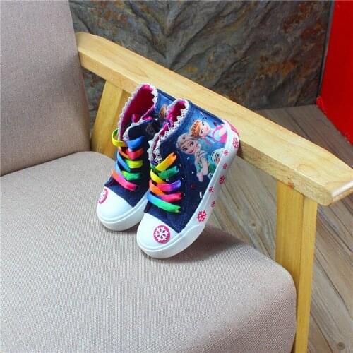 Disney spring and autumn new cartoon frozen elsa childrens canvas shoes girl high-top shoes Non-slip casual shoes