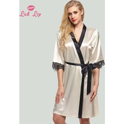 Lick Lip Satin Bathrobe Kimono Robe Women Lace Patchwork Plus Size Summer Nightwear Ladies 6 Colors Sleepwears Female SWA3172-47