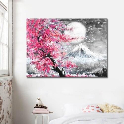 Japanese Style Cherry Blossom Fuji Mountain Landscape Watercolor Oil Painting Canvas Printing Home Painting Frameless Wall Art