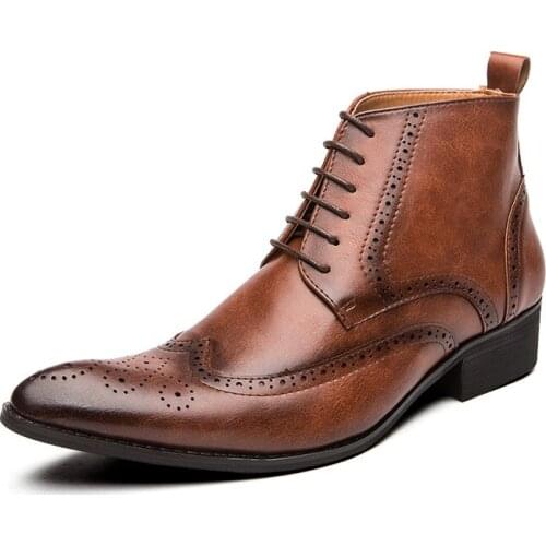 Brogue College Style Men Chelsea Boots Lace Up Versatile Leather Male Shoes Wedding Party Ankle Casual Short Boots