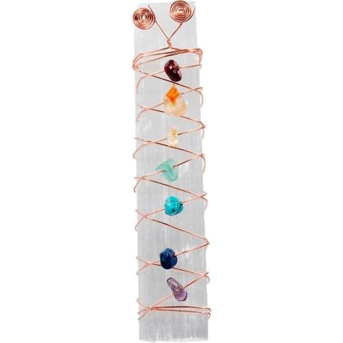TUMBEELLUWA 7 Chakra Selenite Wand, Rainbow Chips Stone Wire Wrapping Crystal Stick, Healing Reiki Energy Metaphysical