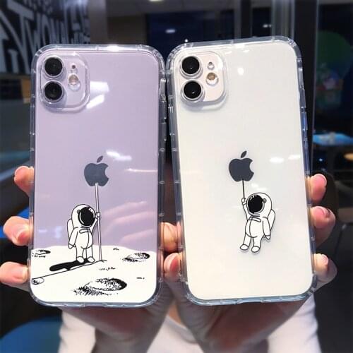 Funny Cute Cartoon Astronaut Moon Phone Case For iPhone 11 Pro Max X XS XR 12 Mini 7 8 Plus Transparent Soft Shockproof Cover