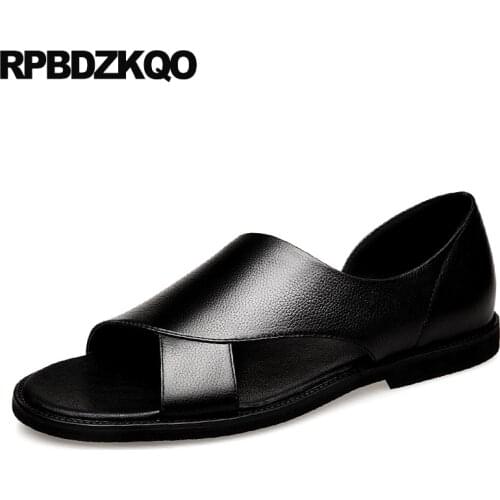 Luxury Summer Black Breathable Genuine Leather 2018 High Quality Designer Shoes Men Runway Slip On Casual Flat Japanese Sandals