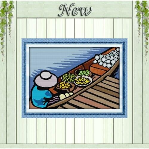 Go to the market boat Vietnam home decor paintings counted print on canvas DMC 11CT Cross Stitch Needlework Sets Embroidery kits