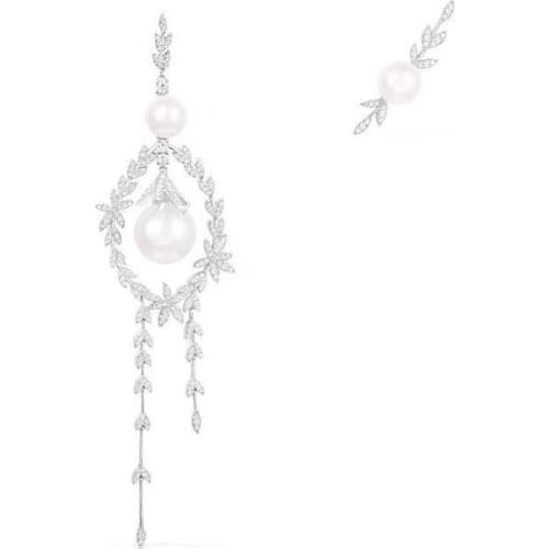 SLJELY 925 Sterling Silver Asymmetrical Leaves Flower Pearl AB Earrings Cubic Zirconia Stones Women Brand Design Luxury Jewelry