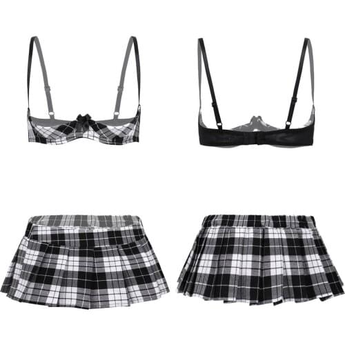 Womens Erotic Role Play Costumes Adjustable Straps Open Cups Bare Breast Bra Tops with Mini Skirt Sexy Lingerie Set