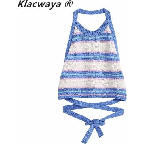 Klacwaya Vintage Striped Knitted Short Tank Top Women Sexy Party Backless Hater Crop Tops 2021 Fashion Streetwear Bow Vest