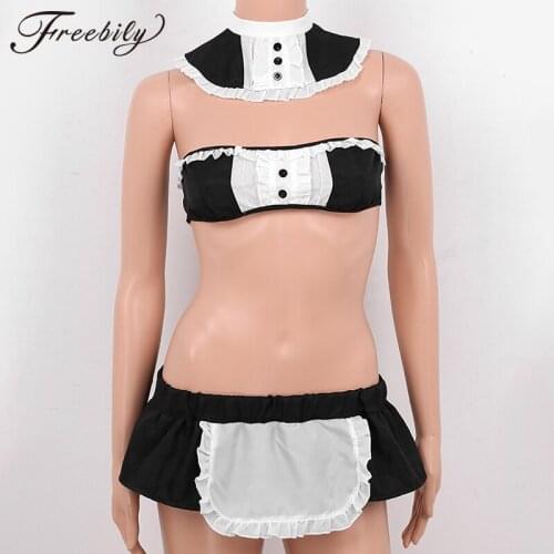 Women Ladies Cute Maid Dress Cosplay Exotic Costume Sissy Clubwear Pajamas Chemise Lingerie Set for Night Fancy Sleepwear