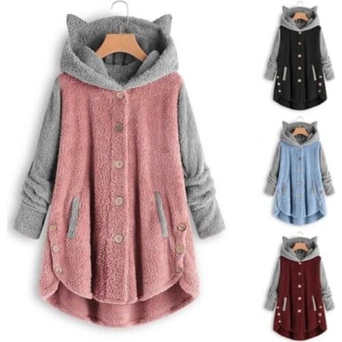 Winter Women Hooded Cat Ear Plush Top Lovely Irregular Color Matching Sleepwear Female Casual Cute Homewear Girl 2021 Plus Size