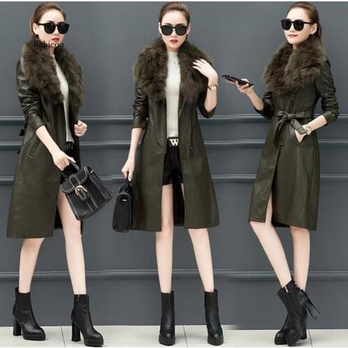 Winter Pu Leather Clothing Womens Plus Velvet Thickening Long Section New Slim Slimming Waist Large Fur Collar Leather Jacket
