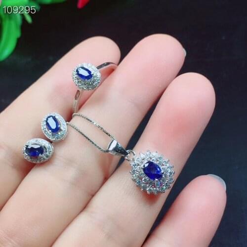 100% Real Natural Sapphire Set Natural And Real Sapphire Jewelry set 925 sterling silver 1pc Ring,1pc Pendant,2pcs Earring