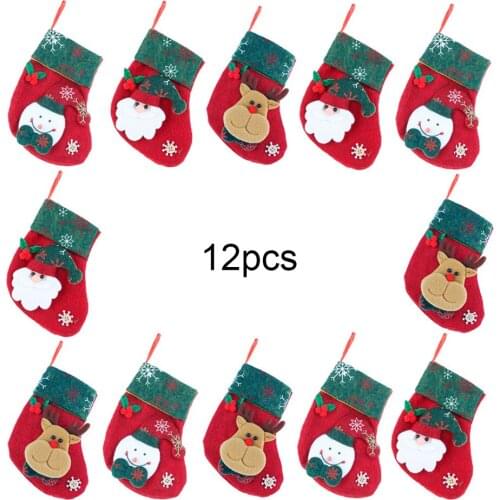 12pcs Christmas Stockings Pendant Santa Claus Snowman Elk Candy Gift Storage Bag Xmas Tree Hanging Decor for Home Party Xmas
