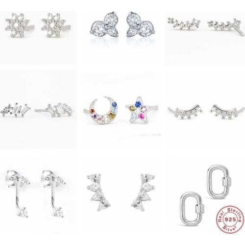 GS 925 Sterling Silver Rainbow Zircon Star Moon Stud Earrings For Women Earring Climber Ear Crawlers Crystal Flower Ear Studs