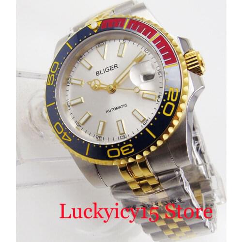 BLIGER Brand Mechanical Watch Sapphire Glass Gold Coated Bezel Jubilee Band MIYOTA Movement
