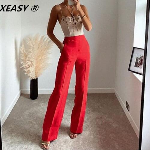 XEASY Women Fashion Red Silk Satin Texture Wide Leg Pants Vintage High Waist Loos Side Pockets Female Zipper Fly Trousers