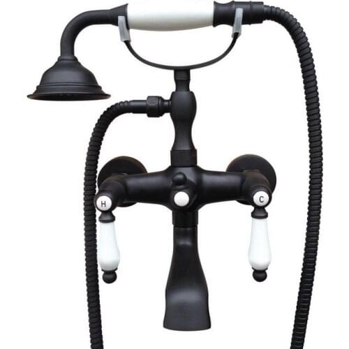 Black Oil Rubbed Brass Double Ceramic Handles Wall Mounted Claw Foot Bathroom Tub Faucet Mixer Tap With Handshower mtf613