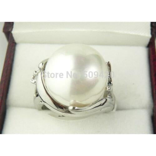 D#S434er>>Fashion White seashells pearl Solid silver Jewelry ring size: 6-9