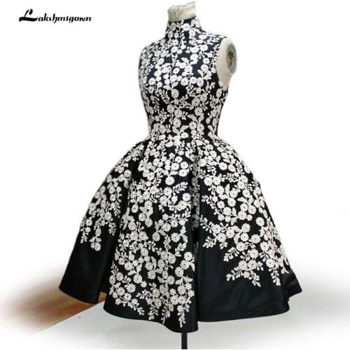 Vestidos Coctel Elegant Black Cocktail Dresses Short Lace Appliques Satin Sleeveless Party Gowns For Graduation