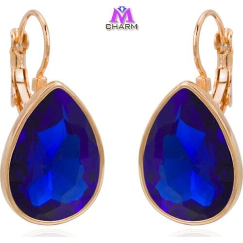 Brand Design!12015 hottest real gold plated nickle free water drop drak blue big SWA Crystal drop jewelry Earrings for women