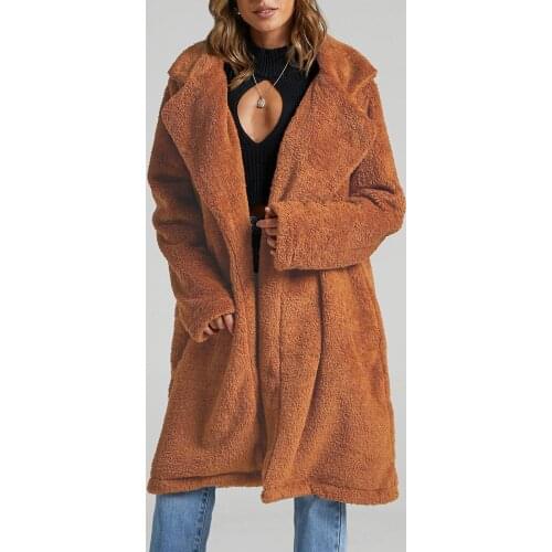 Fleece Coats Women Warm Winter Jackets Lapel Fleece Teddy Jacket Long Sleeve Solid Slim Plush Long Coats Outerwear 2021