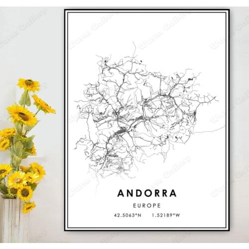 Andorra Map Poster Cities Map Print Abstract Canvas Paintings Black and White Wall Art Picture Modern Home Decoration