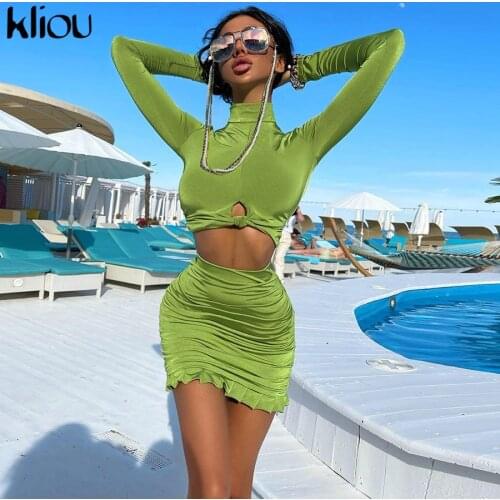 Kliou harajuku Sexy Two Piece Set Women Skirt Sheath Hollow Out Long Sleeve Turtleneck Top+Solid Pleat Elastic Waist Skirt