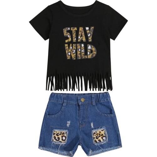 2 Pieces Kids Suit Set, Summer Letter Print O-Neck Short Sleeve Tassel Tops+ Leopard Denim Shorts, 18 Months-6 Years