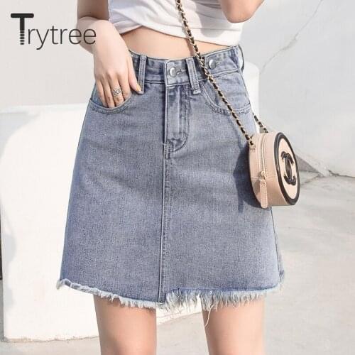 Trytree 2021 Summer Casual Woman Denim Shorts Skirt High Waist Button Fly Pockets Burrs Hem Vintage Blue A-line Mini Skirt Women