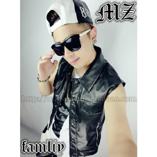 Hot ! Male Male Dj Costume Black Motorcycle Leather Vest Coat Mens Brand Fashion Stage Dance Singer Costumes / S-xl