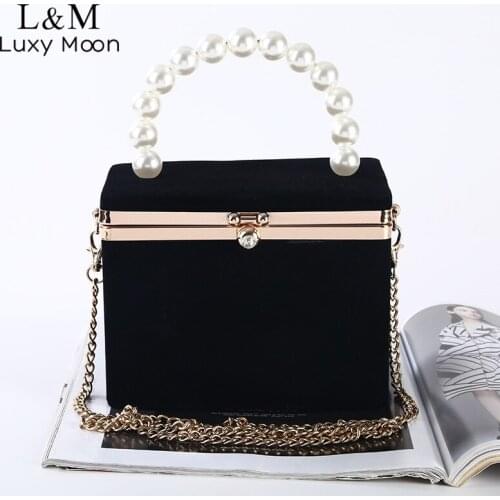 Metal Box Evening Bag For Women Luxury Pearl Handbag And Purse Female Party Wedding Classic Black Small Chain Clutch Bag X331H