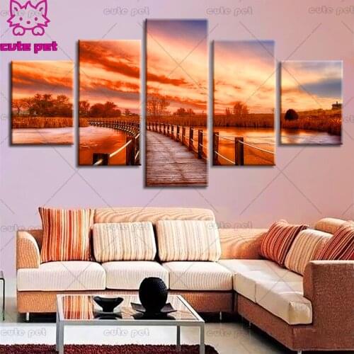 Woods Bridge Lake fall Natural Landscape diamond embroidery diamond painting full square round drill diamond mosaic 5pcs decor