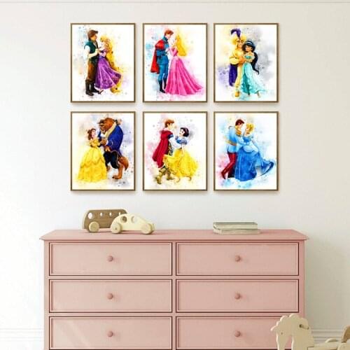 Princesses and Princes Fairy Tale Posters Prints Girls Nursery Wall Art Pictures Decoration Cartoon Watercolor Canvas Painting