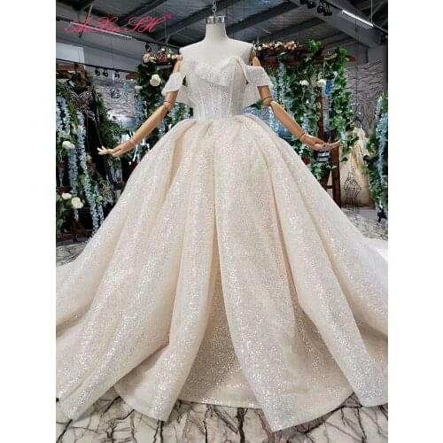 AnXin SH Luxury princess white sequins satin silvery boat neck lace up vintage ruffles ball gown wedding dress 100% real photo