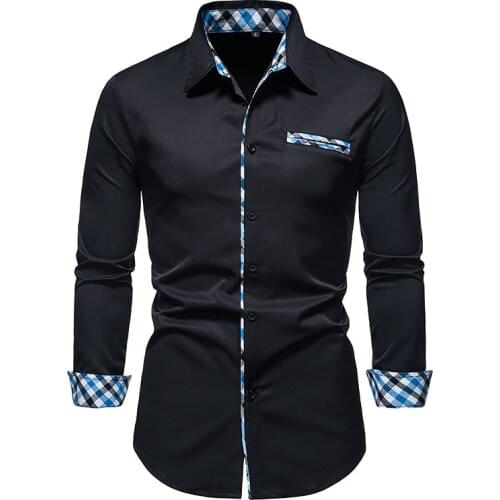 PARKLEES 2021 Autumn Plaid Patchwork Button Up Black Shirt Men Slim Long Sleeve Dress Formal Shirts for Men Office Chemise Homme