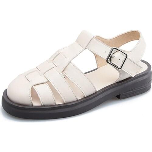 New Womens Sandals Summer Retro Hollow Woven Buckle Belt Flat-soled Roman Shoes Women