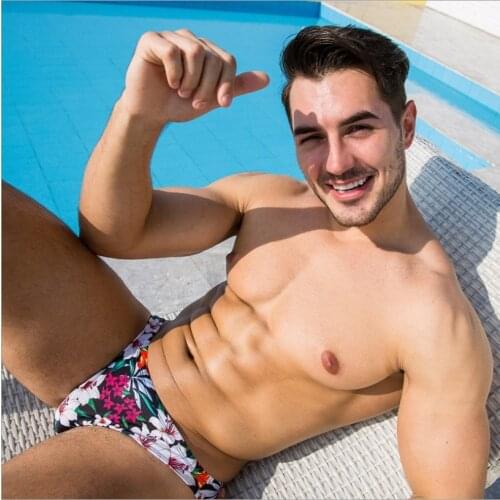 SD417 sexy floral print swimwear men swim trunk low waist tight men swimsuits bikinis beach board swim shorts spa bathing suits