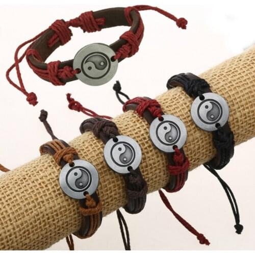 Yin Yang Vintage Tai Chi Design Leather Wide Cuff MenS Bracelet Punk Ornament Bangle New Design Multi-layers Handmade Braided