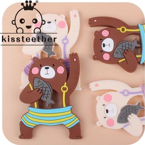 Kissteether 1pcs Bear Silicone Teether Food Grade Baby Cartoon Animal Teethers Teething Necklace Pendant Kids Toys BPA Free